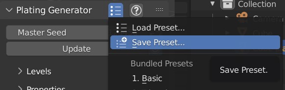 Save a preset menu option.
