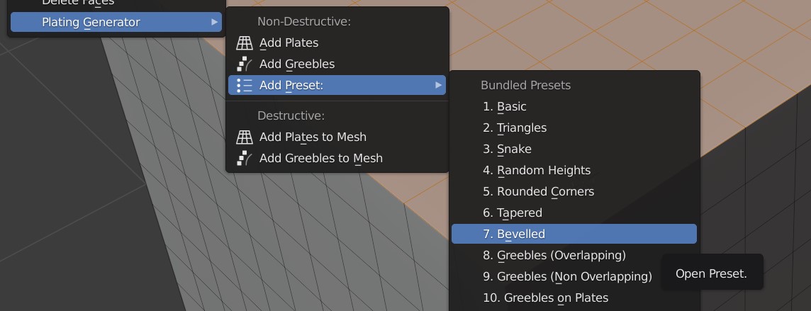 Adding a preset from the Plating Generator's add menu.